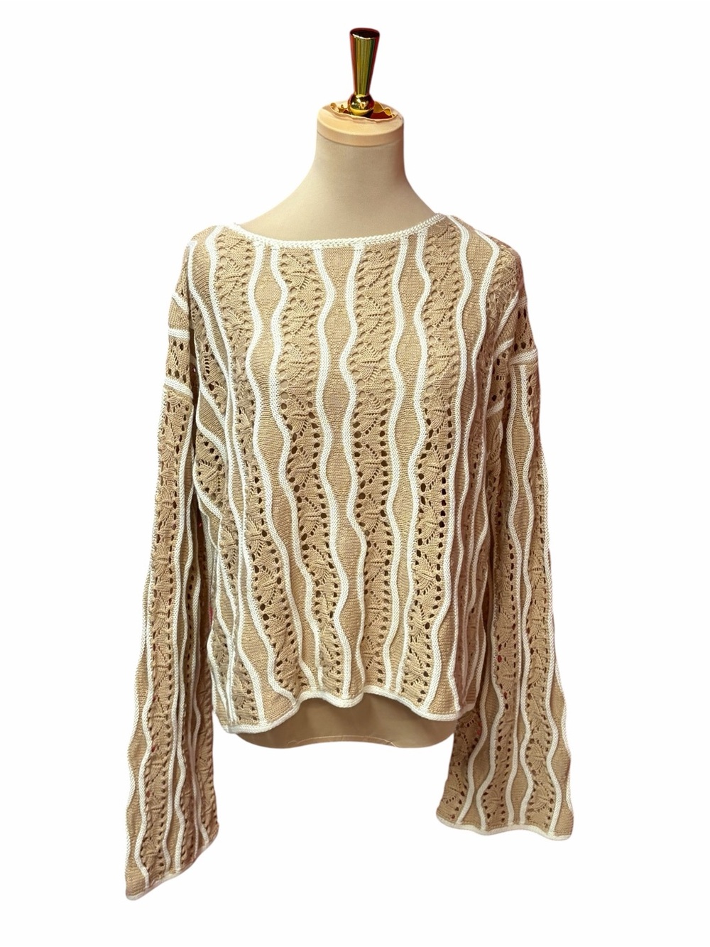 NWT Everyday Chic Beige Crochet Knit Sweater White Trim Boho Cottagecore Small